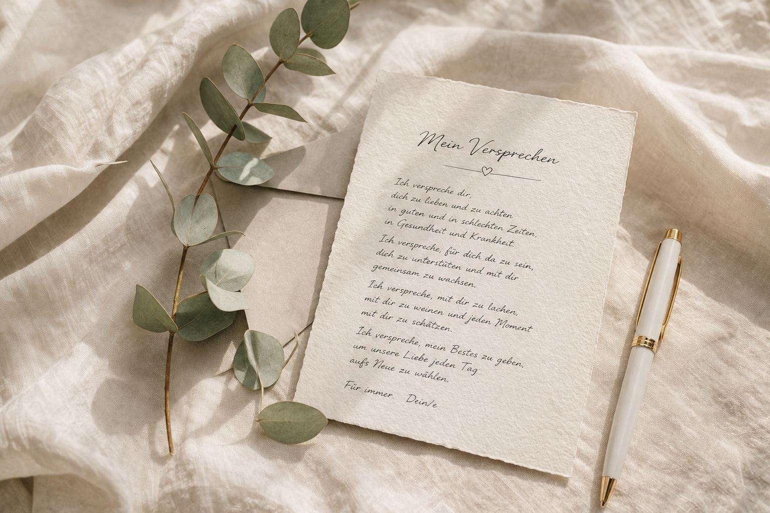 Handgeschriebene Vow-Karte mit Eheversprechen, Eukalyptus und Stift auf Leinen
