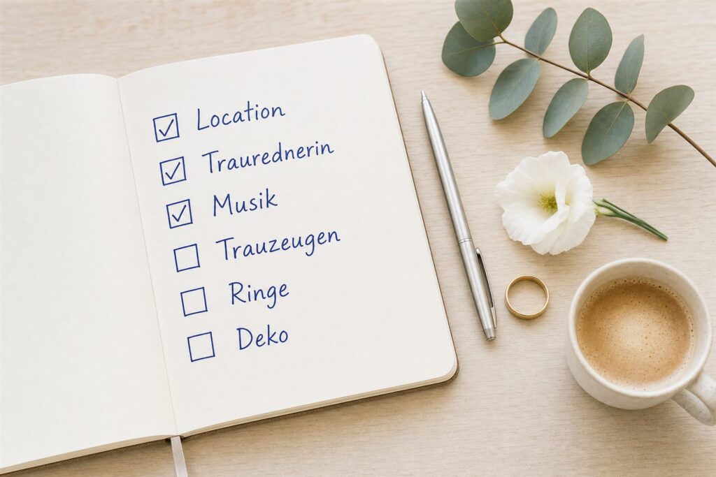 Freie Trauung planen: handgeschriebene Checkliste im Notizbuch mit abgehakten Punkten wie Location, Traurednerin und Musik