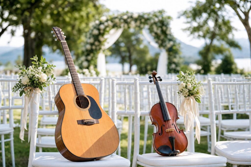 Musik für die freie Trauung: Akustikgitarre und Geige auf weißen Stühlen bei einer Trauung im Freien