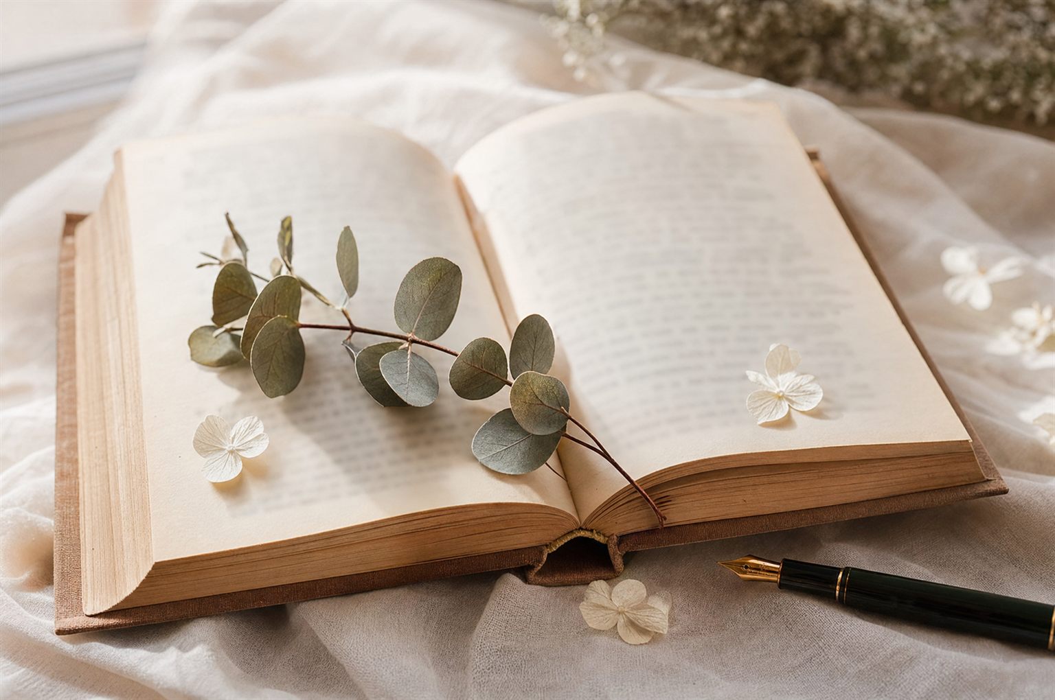 Trauspruch finden: aufgeschlagenes Buch mit Eukalyptus, Blüten und Füller auf hellem Leinen